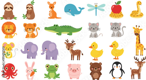 Adorable Animal Collection with Sloth, Elephant, Lion, Giraffe, Frog, and More in Fun Cartoon Style
