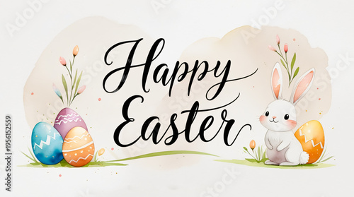 Watercolor Easter background featuring eggs, flowers, rabbit, delicate patterns, soft brush strokes, subtle paper texture. Happy Easter. For greeting cards, invitations, branding, social media
