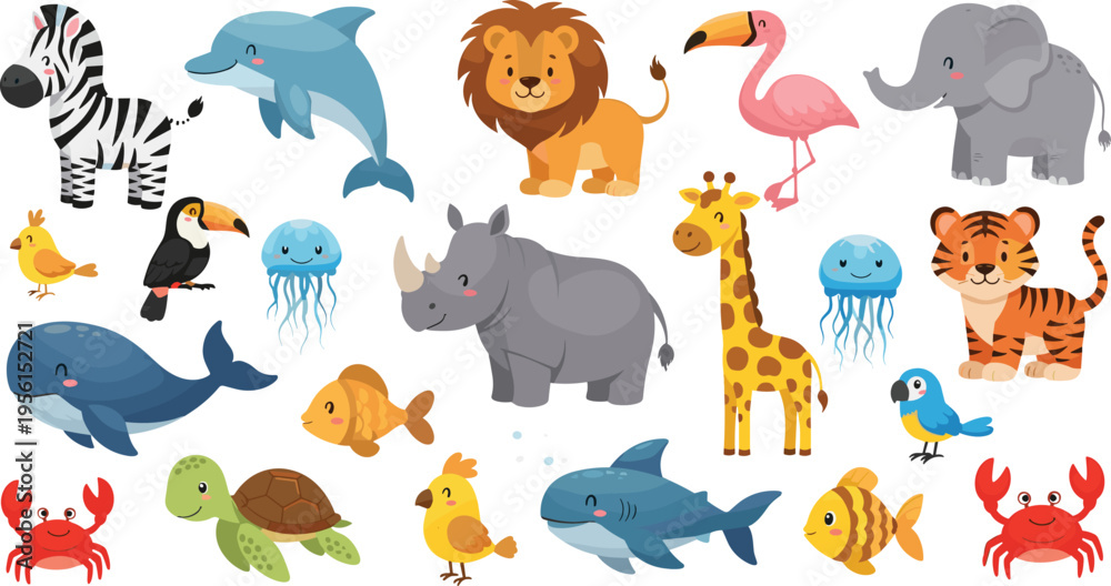 Obraz premium Diverse Animal Collection with Lion, Zebra, Giraffe, Shark, Dolphin, and More in Fun Cartoon Style