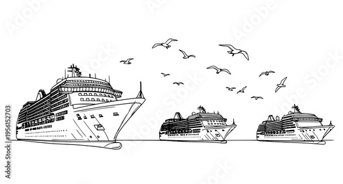 A detailed illustration of three large cruise ships sailing together with seagulls flying above Vector