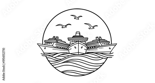 A circular line art illustration featuring three cruise ships sailing on ocean waves with seagulls Vector