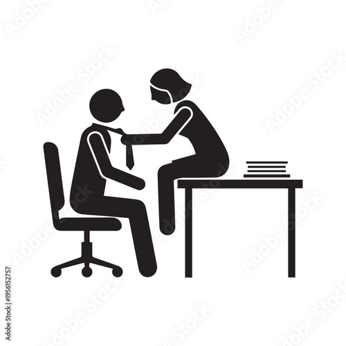 Vector pictogram of workplace romance or sexual harassment with woman sitting on office desk pulling man by the tie
