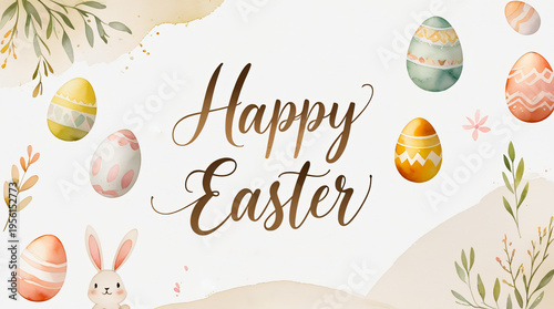 Watercolor Easter background featuring eggs, flowers, rabbit, delicate patterns, soft brush strokes, subtle paper texture. Happy Easter. For greeting cards, invitations, branding, social media