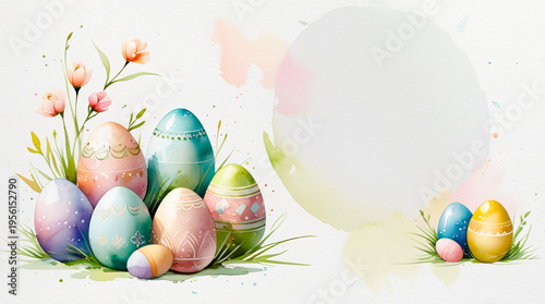 Watercolor Easter background featuring hand-painted pastel eggs, delicate patterns, soft brush strokes, subtle paper texture. Clean copy space. For greeting cards, invitations, branding, social media