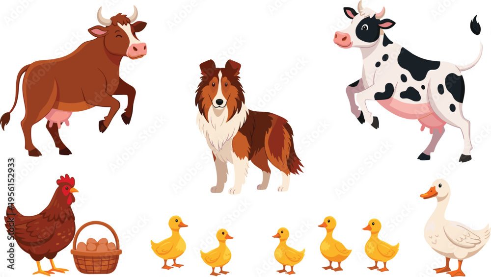 Fototapeta premium Farm Animal Collection with Cow, Chicken, Ducklings, Dog, and More in Fun Cartoon Style