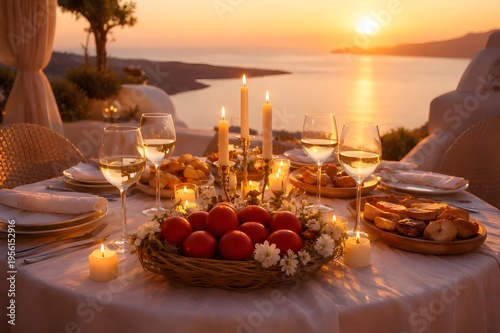 Elegant Greek Easter Sunset Table with Red Eggs on Santorini Terrace