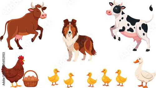 Farm Animal Collection with Cow, Chicken, Ducklings, Dog, and More in Fun Cartoon Style