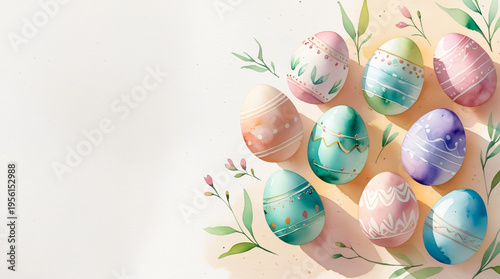 Watercolor Easter background featuring hand-painted pastel eggs, delicate patterns, soft brush strokes, subtle paper texture. Clean copy space. For greeting cards, invitations, branding, social media,