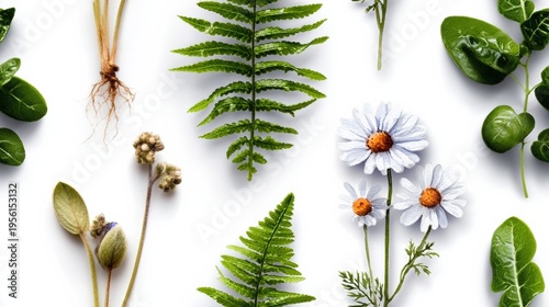 Fresh green ferns, daisies, and leaves scattered on white background. Plants look natural, vibrant, and untouched. Ideal for nature themes, wellness, or eco-friendly projects