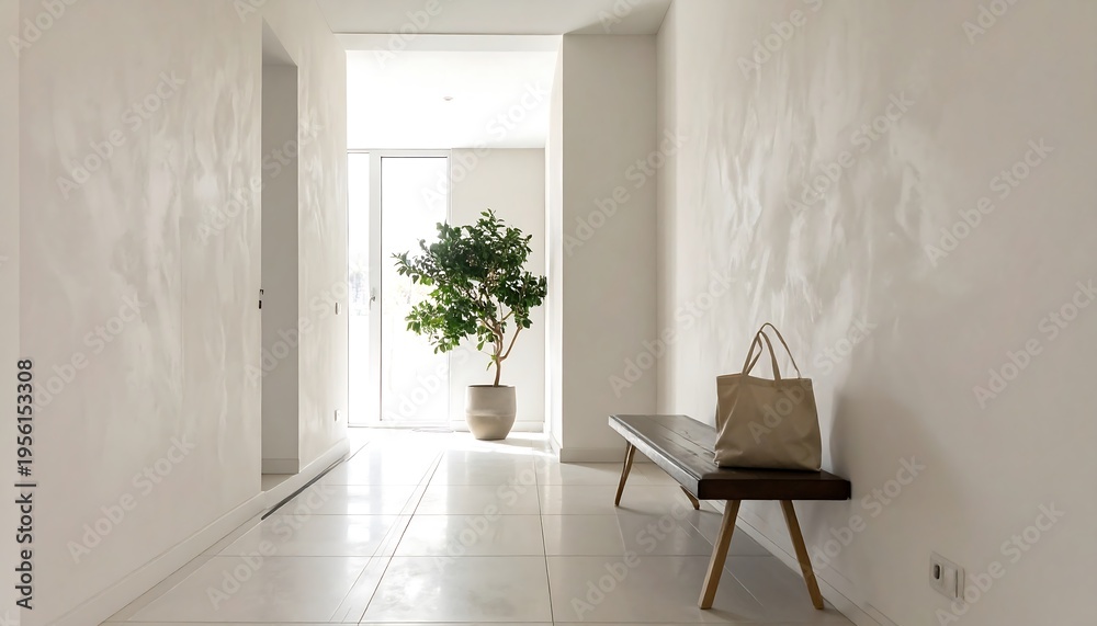Fototapeta premium Minimal living space with low bench cushions and plant by window in soft sunlight with copy space