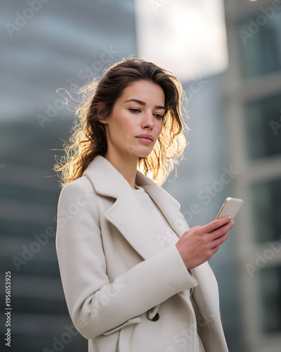 Urban woman engaged with smartphone city landscape lifestyle natural light