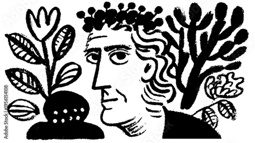 Profile of a man with botanical elements, leaves, and flowers in a black and white handdrawn style. Botanical vector illustration.