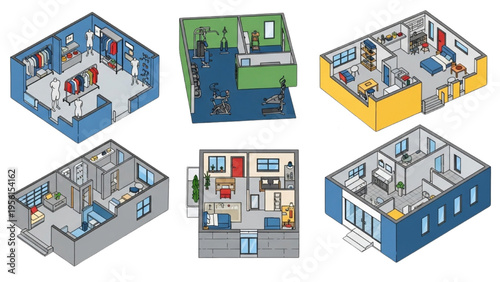 The colorful interior designs of six modern rooms showcase various architectural details and furniture arrangements.