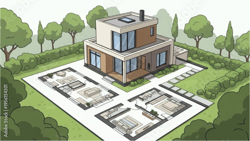 A modern house with a large backyard and patio area under construction