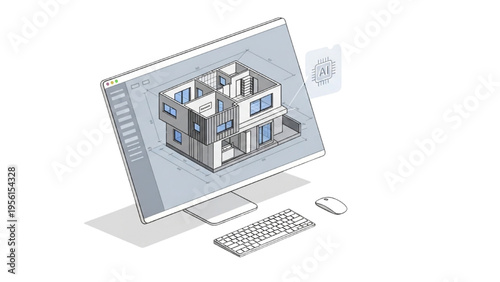 Architectural design displayed on a computer screen with keyboard and mouse