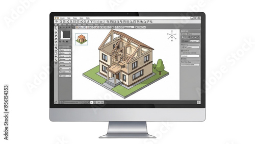 A 3D house model is being designed on a computer screen with software.