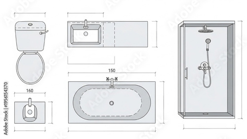 Detailed bathroom fixtures blueprint including toilet, sink, bathtub, and shower