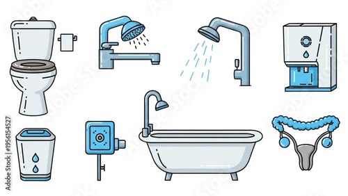 Bathroom fixtures and plumbing items on a white background