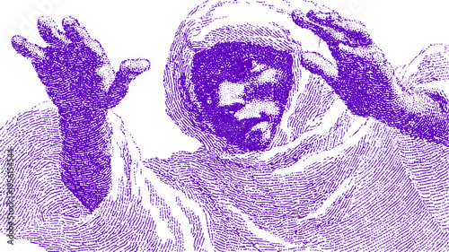 Purple figure illustration with a hooded design. Simple vector artwork emphasizes contours and shapes in a creative and modern style.