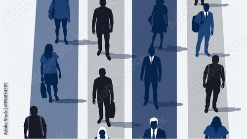 People walk alone in separate lanes on a city street at night