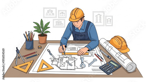 Man in a hard hat works on architectural plans at a desk