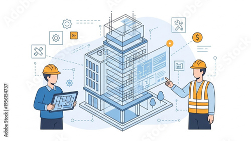 Two construction workers planning a building project with blueprints