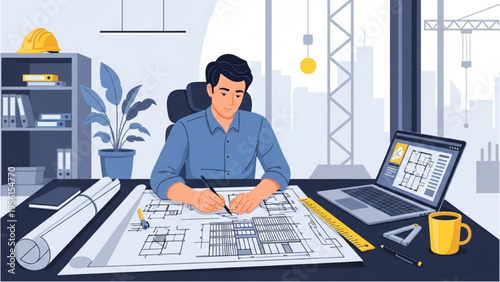 An architect works on blueprints at a desk with a laptop and coffee