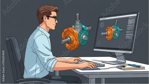 Man working on computer with 3D engineering designs floating above keyboard in office