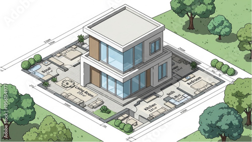 An isometric view of a modern two-story house with a large backyard and trees surrounding it in a suburban landscape setting.