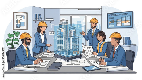 Architects discuss building plans around a 3D model in a modern office