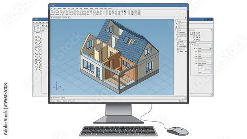 A computer monitor displays a 3D architectural illustration of a house on a software interface with a keyboard and mouse.