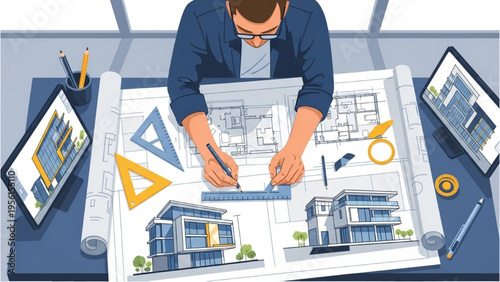 A man designs a modern house with blueprints and tools on a desk indoors.