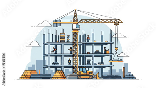 Construction workers build high-rise building with crane and excavator