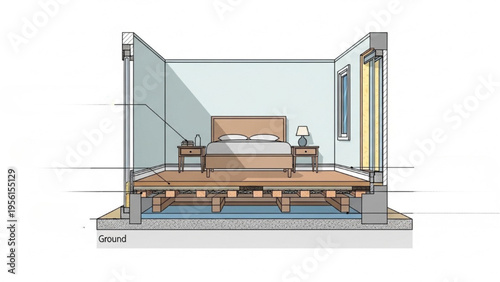 An illustration shows a cutaway view of a bedroom interior with bed and furniture in a house.