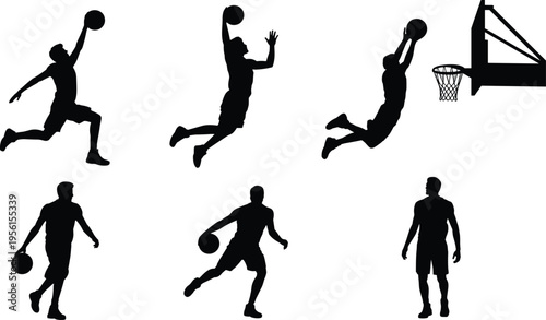 Basketball silhouettes, slam dunk, dribbling players, hoop action, athletic motion, sports icons, dynamic pose, game illustration, skill display, vector art