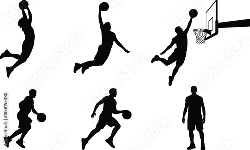 Basketball silhouettes, slam dunk, dribbling players, hoop action, athletic motion, sports icons, dynamic pose, game illustration, skill display, vector art