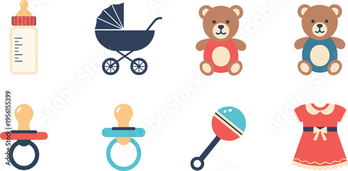 Baby Essentials Icon Set with Bottle, Stroller, Pacifier, Rattle, Teddy Bears, and Dress for Infant Care Design, Nursery Graphics, and Parenting Illustrations