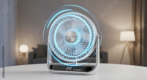 A modern electric fan with blue light on a white table in a living room