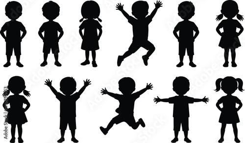 Children silhouettes, boys and girls, standing poses, jumping icons, playful gestures, expressive postures, childhood illustration, educational design, activity vector, kids art