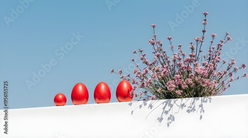 Minimal Greek Easter Decoration with Red Eggs and Flowers in Santorini