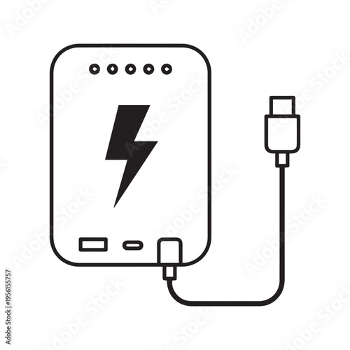 Power bank line icon. Portable battery charger with usb cable and lightning bolt symbol vector illustration.
