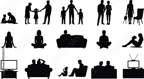 Family silhouettes, parents with children, elderly person, couple together, sitting poses, domestic life, leisure activity, generational icons, home illustration, vector design