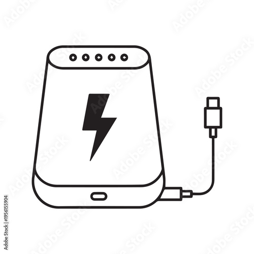 Power bank line icon. Portable battery charger with usb cable and lightning bolt symbol vector illustration.
