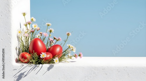 Minimal Greek Easter Decoration with Red Eggs and Flowers in Santorini