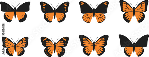 Butterfly Icon Set with Black and Orange Wing Variations in Flat Style for Nature Design, Insect Illustrations, Wildlife Graphics, and Decorative Elements