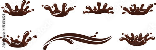 Chocolate Splash and Liquid Drip Vector Set with Sweet Cocoa Splatter Elements for Dessert Design, Food Branding, Packaging, and Creative Illustrations