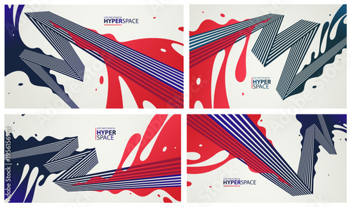 Dynamic vector abstract background set, lines in perspective with energy blast of a lava fluid in 3D space, splash in motion, modern creative art wallpaper.