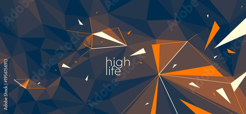 Abstract background of 3D low poly surface with explosion and flying debris particles vector design, dynamic triangular dark and orange contrast backdrop.
