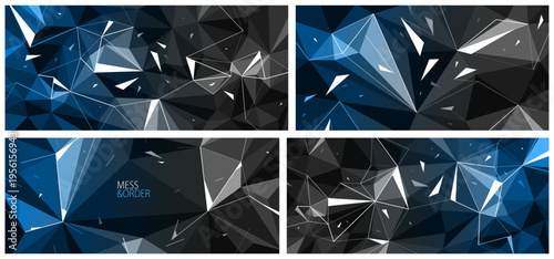 3D polygonal vector abstract background set with dynamic particles in motion, abstract mess and chaos of low poly debris elements, facet broken structure.