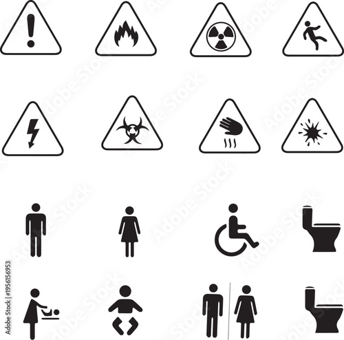 AI Generated Safety Warning Signs and Public Restroom Wayfinding Icon Set